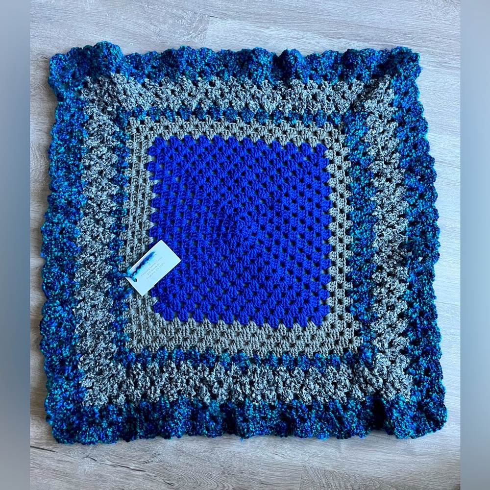 Handmade Square Blanket 28x28 Blue Gray Green Petaluma Knitters Made in USA CA